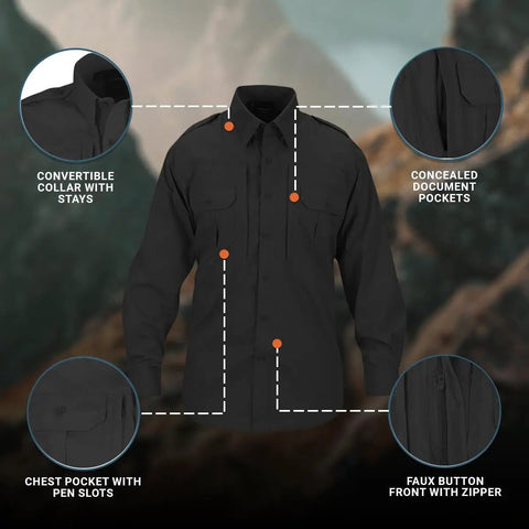 Men's Long Sleeve Tactical Shirt In Black Featuring Stain Resistant Ripstop Cotton Blend And Hidden Zipper Placket with pockets and convertible collar.