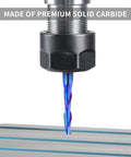 Close-up of blue-coated solid carbide upcut spiral router bit, 3/16" diameter, 1/4" shank, cutting into wood.