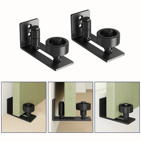 Adjustable Floor Guide For All Sliding Barn Doors With Eight Setup Options, Flush Bottom Design, Flat Stay Roller, Set Of 2, Built From Solid Steel And POM Nylon For Durability, Compatible With Door Panels Of Various Sizes, showing different installation views.