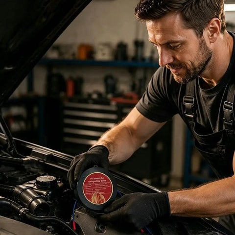 Man installing Automatic Aerosol Fire Extinguisher Simple Apply Fire Suppression Sticker For Car Under Hoods And Breaker Panels Heat Powered.