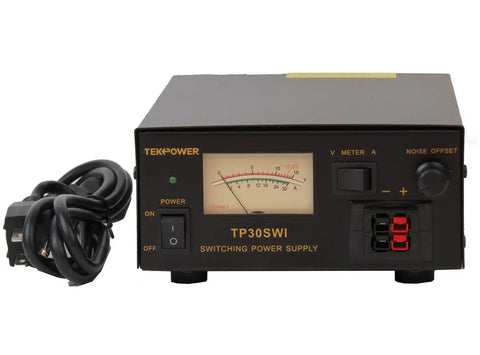 Front view of 30 Amp 13.8 Volt DC Power Supply For Ham And CB Radios With Analog Display High Current Output Fused Design Noise Offset Technology.