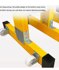Close-up of Bad Boy Hella Sturdy Expandable Safety Fence Gate Heavy Duty Traffic Control Portable Scissor Barricade wheels and supports.