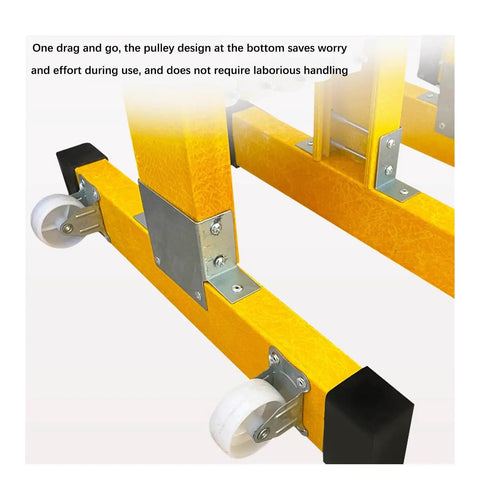 Close-up of Bad Boy Hella Sturdy Expandable Safety Fence Gate Heavy Duty Traffic Control Portable Scissor Barricade wheels and supports.