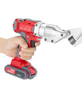 21V Brushless Cordless Sheet Metal Shear With Two Batteries And 360 Degree Pivoting Head held in hand, durable chrome vanadium steel blade.