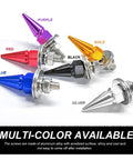 Kickass Anti Theft Spike License Plate Screws With Heavy Duty Aluminum Bolts in multiple colors including red, blue, and gold.
