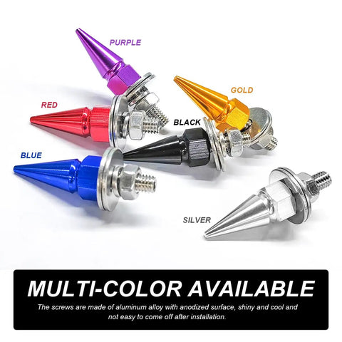Kickass Anti Theft Spike License Plate Screws With Heavy Duty Aluminum Bolts in multiple colors including red, blue, and gold.