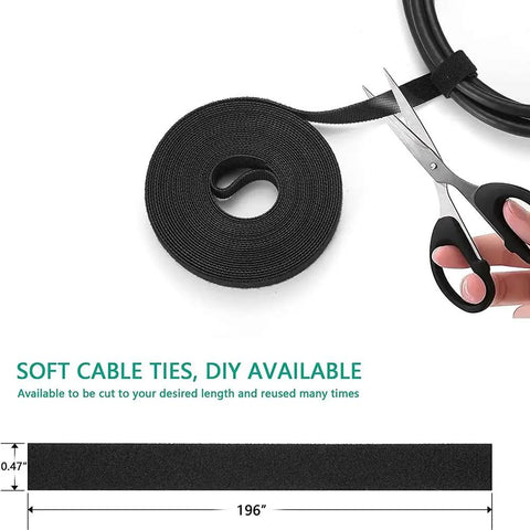 Ultimate 173 Piece Cable Management Kit With Heavy Duty Adhesive Wall Clips And Secure Cord Ties, soft black cable ties on a spool.