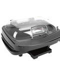 Get A Top-Notch 1000W Electric Contact Grill For Sizzling Burgers And Panini with transparent lid and drip tray.