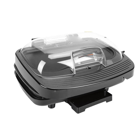 Get A Top-Notch 1000W Electric Contact Grill For Sizzling Burgers And Panini with transparent lid and drip tray.