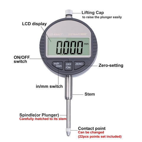 Front view of electronic digital dial indicator with LCD display and steel stem, 0–1 inch range, 0.01 mm resolution.