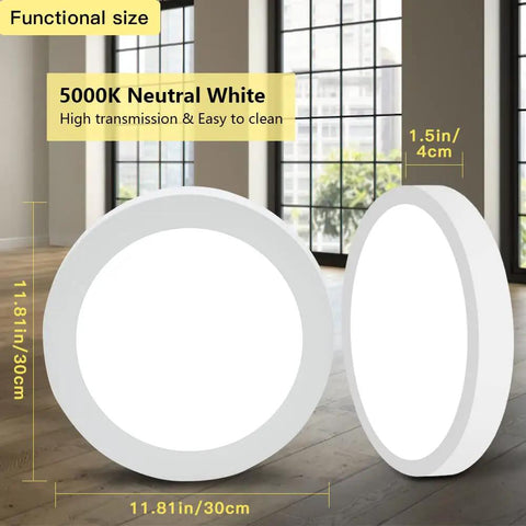 Five Pack LED Flush Mount Ceiling Lights 24W 11.81 Inch Round Surface Mounted Down Lights 5000K Cool White For Kitchen Closet Hallway Stairwell Dining Room Modern Energy Efficient Ceiling Fixture, dimensions shown