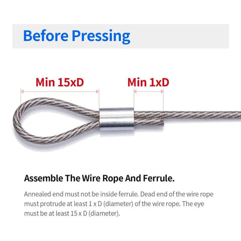 Before pressing, 1/16 Inch Aluminum Wire Rope Ferrules Loop Sleeves Crimping Set 200 Pieces For Cable Crimps pro grade aluminum