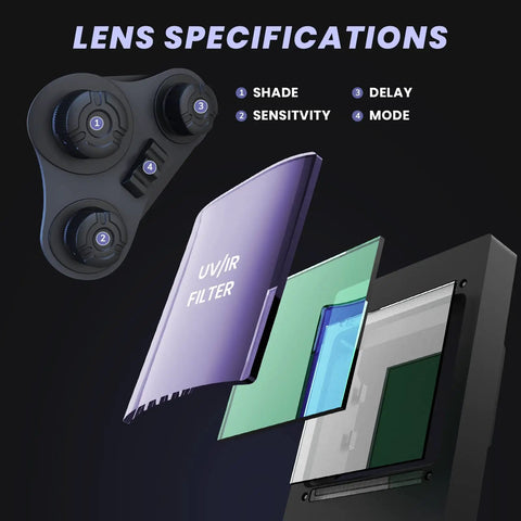 Pro Grade Auto Darkening Welding Helmet lens specifications showing UV/IR filter and settings knobs