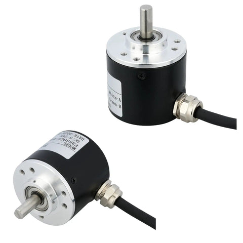 600 P R Incremental Rotary Encoder With 3 mm Screwdriver For 5 To 24 V Wide Voltage Optical Encoder Supply 6 mm Shaft AB 2 Phase Quadrature Output Arduino Compatible NPN Open Collector in black and silver, front and side view