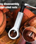 3 Piece Metal Nut Splitter Set, Heavy Duty Nut Breaker And Remover Tool in use removing a corroded nut with manual pressure