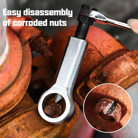 3 Piece Metal Nut Splitter Set, Heavy Duty Nut Breaker And Remover Tool in use removing a corroded nut with manual pressure