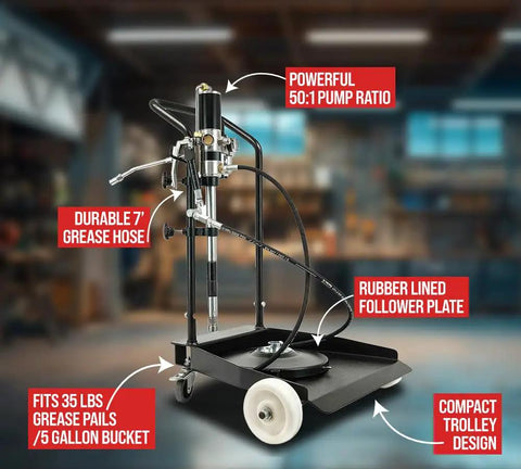 50 to 1 Ratio Air Operated Grease Pump Kit for 5 Gallon Bucket With Trolley Mounted Setup, 7 Foot Hose, Rubber Lined Follower Plate