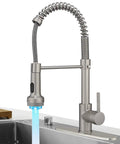 Modern brushed nickel pull down kitchen faucet with spring design, dual function sprayer, high arc spout, single handle. 