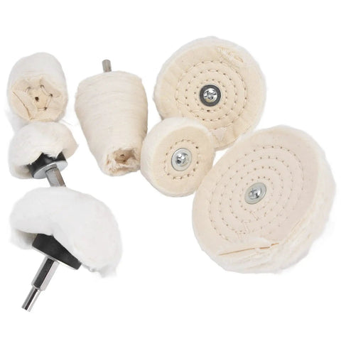 Chic 7-Piece Polishing Wheel Kit With Cotton Flannel Buffing Drill Attachments For Car Waxing And Metal Shining Easy To Use Multi-Shaped Set, featuring various sizes of cotton buffing wheels.