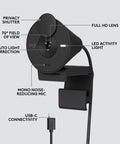 Crisp 1080P Full HD Webcam Featuring Auto Light Correction Plug And Play Design with USB-C connectivity in classic black.