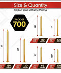 Heavy Duty Assorted Galvanized Steel Nails Kit Including Seven Hundred Gold Pieces With Solid High Carbon Build And Multi Size Finishing Options Perfect For Easy Picture Hanging And No Fuss Handiwork That Delivers A Top Shelf Setup Every Time, diagram showing sizes and quantities.