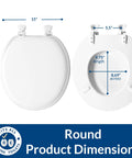 Comfy Cushioned Toilet Seat With Padded Vinyl Cover Over Wood Core, Secure Hinges, Easy Clean, Made In USA, Round White, dimensions