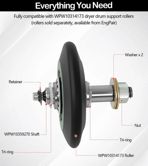 Top Shelf Dryer Drum Support Roller Shaft Replacement Kit Wpw10359269 Wpw10359270 Left Right Pair for smooth spinning performance with detailed components.