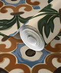 Straight Up Killer Distressed Tile Professional Wallpaper With a Matte Linen Texture for Kitchens and Bathrooms Durable PVC-Free Home Makeover Ready Paste to Paper Installation rolled with floral design.