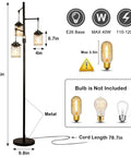 Industrial Farmhouse Floor Lamp With Three Glass Shades, Tall Standing Lamp With Dimmable Switch, Sturdy Black Base For Living Room Bedroom Office Home Decor, Modern Rustic Lighting That Hits with dimensions and bulb info shown