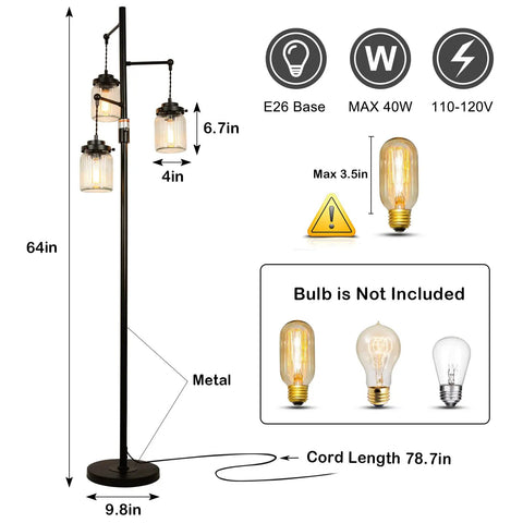 Industrial Farmhouse Floor Lamp With Three Glass Shades, Tall Standing Lamp With Dimmable Switch, Sturdy Black Base For Living Room Bedroom Office Home Decor, Modern Rustic Lighting That Hits with dimensions and bulb info shown
