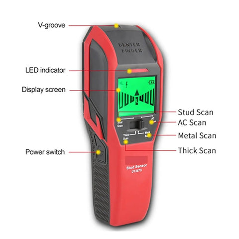 Heavy Duty Digital Wall Scanner And Stud Finder With Live Wire And Electric Cable Detector Metal Probe Tool showing features and display.
