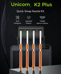 K2 Plus Four Pack Nozzle Kit with 0.4mm 0.6mm and 0.8mm nozzles all metal quick swap hotend set in copper alloy and hardened steel
