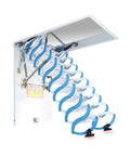Motorized Attic Pull Down Ladder With Remote Control Silent Folding Loft Staircase Rock Solid 1102 Pound Capacity, blue telescoping steps visible.