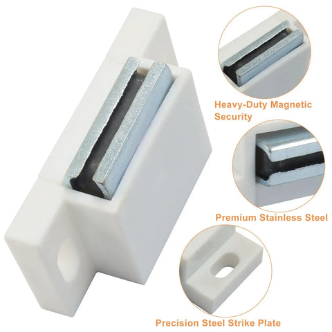 12 Pack Magnetic Door Catch Kit with heavy duty cabinet magnets, close-up on stainless steel and strike plate components