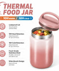 Big 27oz Wide Mouth Food Jar Made From Stainless Steel Keeps Your Grub Hot For Ten Hours Straight Up Leak Proof Performance Locks In Chill Till Midnight Perfect For Grab And Go Work Or School Vibes Pink with fruits visible inside.
