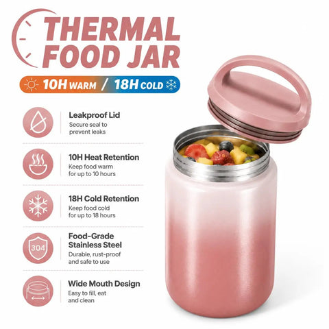 Big 27oz Wide Mouth Food Jar Made From Stainless Steel Keeps Your Grub Hot For Ten Hours Straight Up Leak Proof Performance Locks In Chill Till Midnight Perfect For Grab And Go Work Or School Vibes Pink with fruits visible inside.