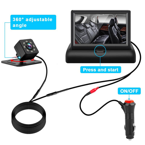 Crystal Clear Baby Car Mirror With 4.3 Inch HD Night Vision Display showing camera, wiring, and 360° adjustable angle feature.