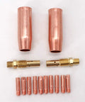 MIG Welding Kit 0.035 Inch For Tweco Lincoln 100L Torch with M3 Tip, brass gas diffuser, nozzles, and tips on display