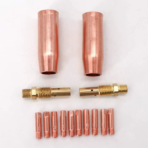 MIG Welding Kit 0.035 Inch For Tweco Lincoln 100L Torch with M3 Tip, brass gas diffuser, nozzles, and tips on display