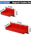 Magnetic Toolbox Tray Set 4 Piece With 6 Inch And 12 Inch Trays Paper Towel Holder 3 Spray Can Holders And 7 Screwdriver Holes Heavy Duty Powder Coated Steel Magnetic Organizer For Garage Or Shop Red, featuring 6-inch and 12-inch red trays with dimensions labeled.