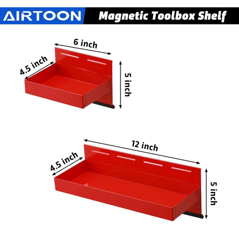 Magnetic Toolbox Tray Set 4 Piece With 6 Inch And 12 Inch Trays Paper Towel Holder 3 Spray Can Holders And 7 Screwdriver Holes Heavy Duty Powder Coated Steel Magnetic Organizer For Garage Or Shop Red, featuring 6-inch and 12-inch red trays with dimensions labeled.