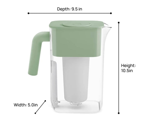 ZeroWater Technology 10 Cup Water Filter Pitcher With 5 Stage Advanced Filtration Reducing Lead PFAS Mercury Fluoride And Chlorine IAPMO Certified For Crystal Clear Great Tasting Water At Home, dimensions shown.