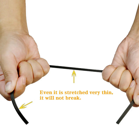 Hands stretching Window Screen Spline 0.125 Inch By 100 Foot Black Retainer For Securing Screen Mesh In Frames, showing flexibility.