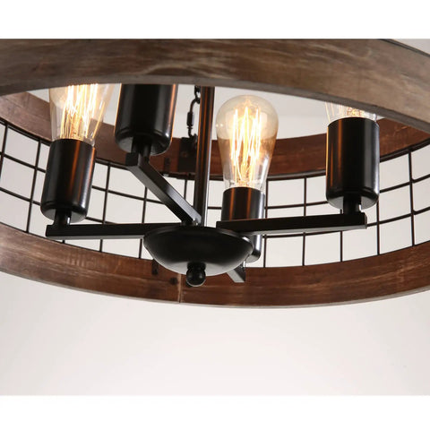 Close-up of Gray 4 Light Retro Industrial Drum Pendant Chandelier with wood accents and metal finish, focus on bulbs.