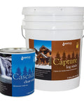 Premium Elastic Log Stain In Chestnut Shade 5 Gallon Pail with a Cascade clear coat can for exterior wood protection.