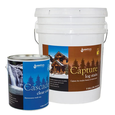Straight Shooter Tough As Nails Elastic Wood Stain In A 5 Gallon Pail Featuring A Warm Hazelnut Shade, alongside Cascade clear coat.