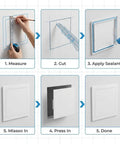 Instruction steps for installing the Rock Hard Eight By Eight Inch Drywall Access Panel Two Pack ABS Plastic Wall Cover Plate.