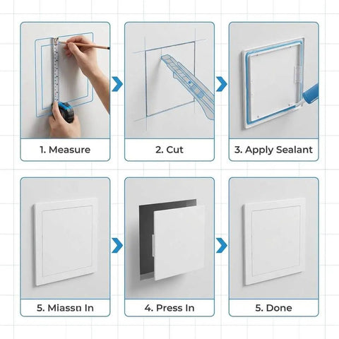 Instruction steps for installing the Rock Hard Eight By Eight Inch Drywall Access Panel Two Pack ABS Plastic Wall Cover Plate.
