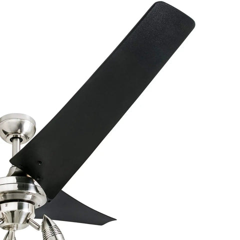 Close-up of 56 Inch Modern Ceiling Fan With LED Light And Pull Chain, Dual Mounting, Reversible Motor, High Performance Blades For Big Rooms Over 400 Sq Ft, Contemporary Indoor Ceiling Fan In Brushed Nickel Finish blade