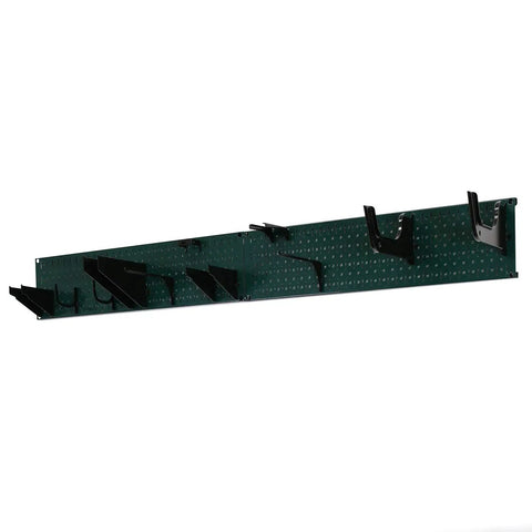 Hella Durable Garage Storage Rack And Lawn Garden Tool Organizer Wall Mount 64 Inch Wide Heavy Duty Metal Pegboard Set Green Panel No Sweat Setup Steel Hooks For Yard Gear